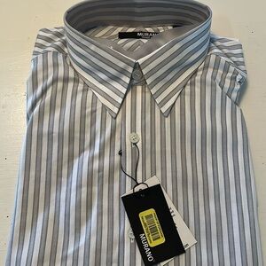Murano liquid cotton, long sleeved men’s dress shirt, gray/white stripes M